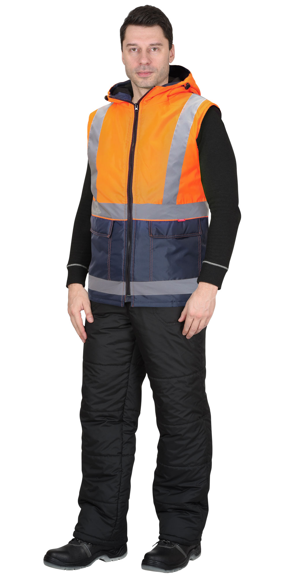 Зимний жилет "СИРИУС-ТЕРМИНАЛ" мужской, утепленный, с капюшоном, цвет: темно-синий с оранжевым, ткань: 100% ПЭ