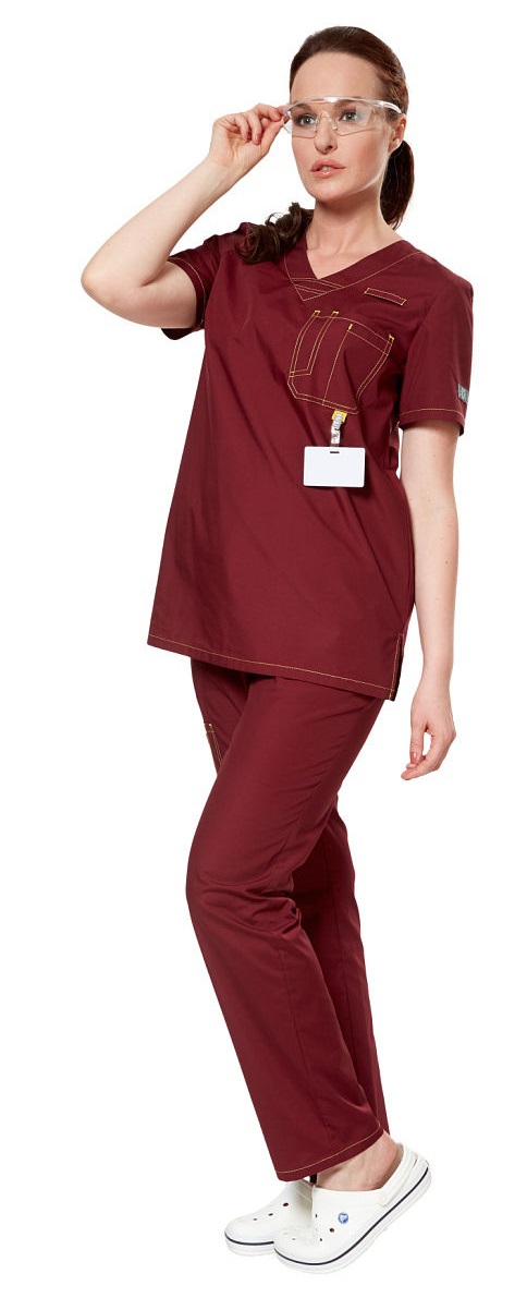 Комплект "АУРА" женский (блуза и брюки), короткий рукав, цвет: бордовый, ткань: смесовая
