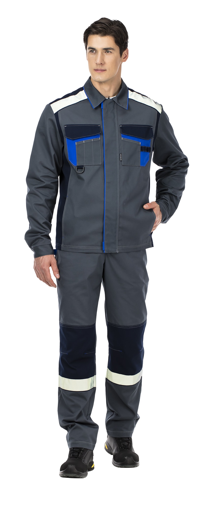 Летний костюм "БАРИТ" мужской (куртка и брюки), цвет: серый с васильковой отделкой, ткань: смесовая