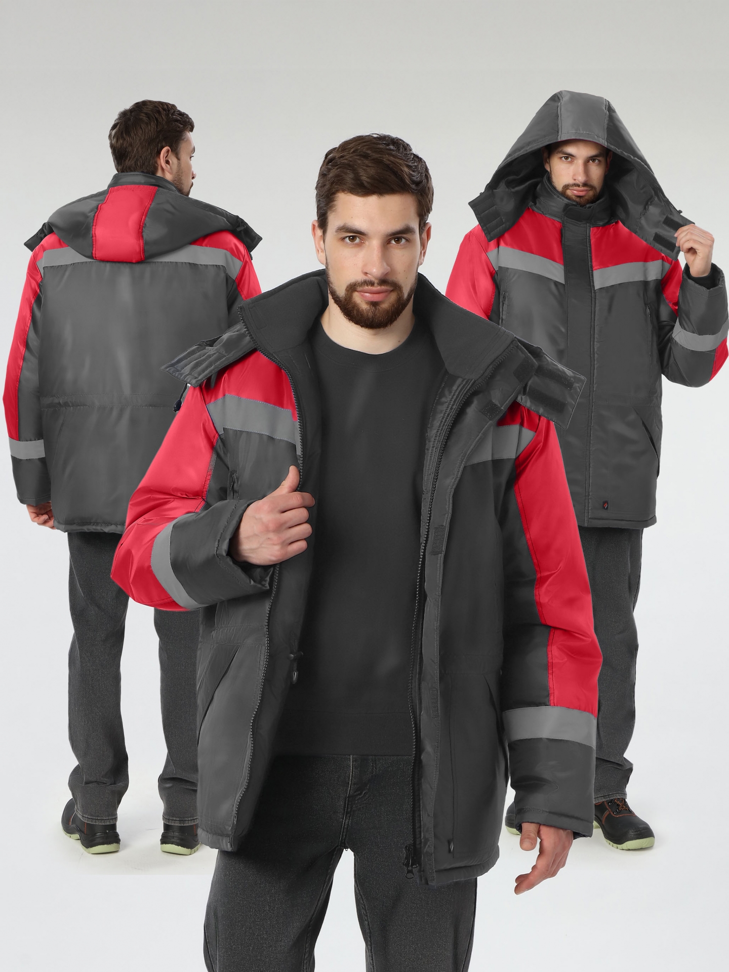 Зимняя куртка "ЛИГОР СОП" мужская, утепленная, цвет: серый с красным, ткань: оксфорд
