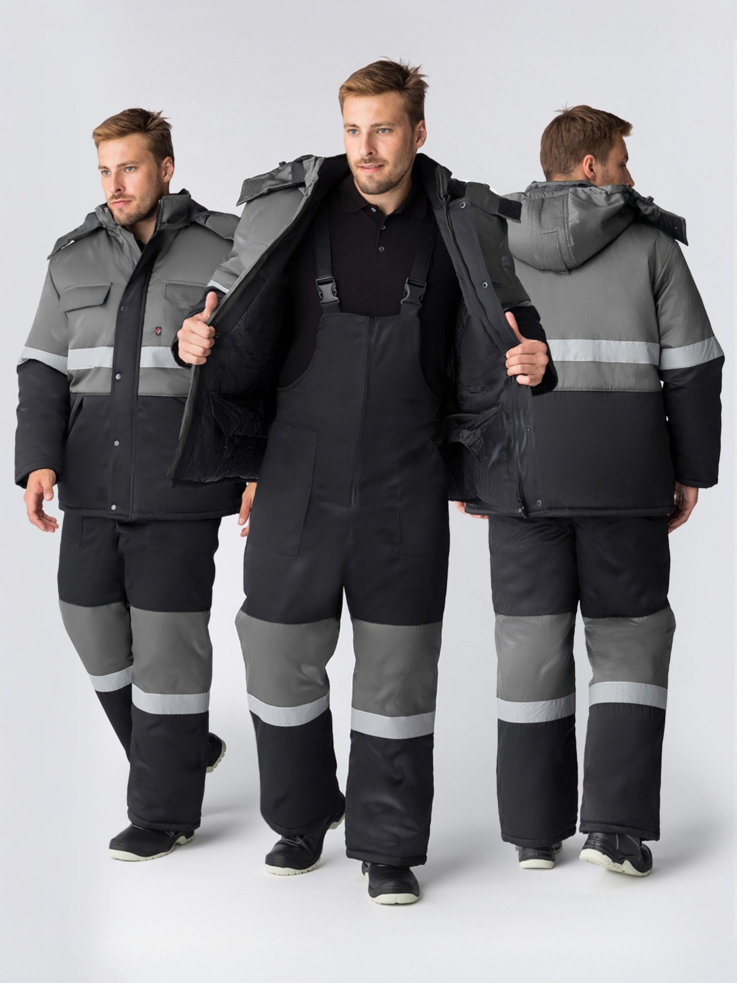 Зимний костюм "НОРДХАРД-2 СОП" мужской, утепленный (куртка и полукомбинезон), цвет: черный с серым. ткань: смесовая