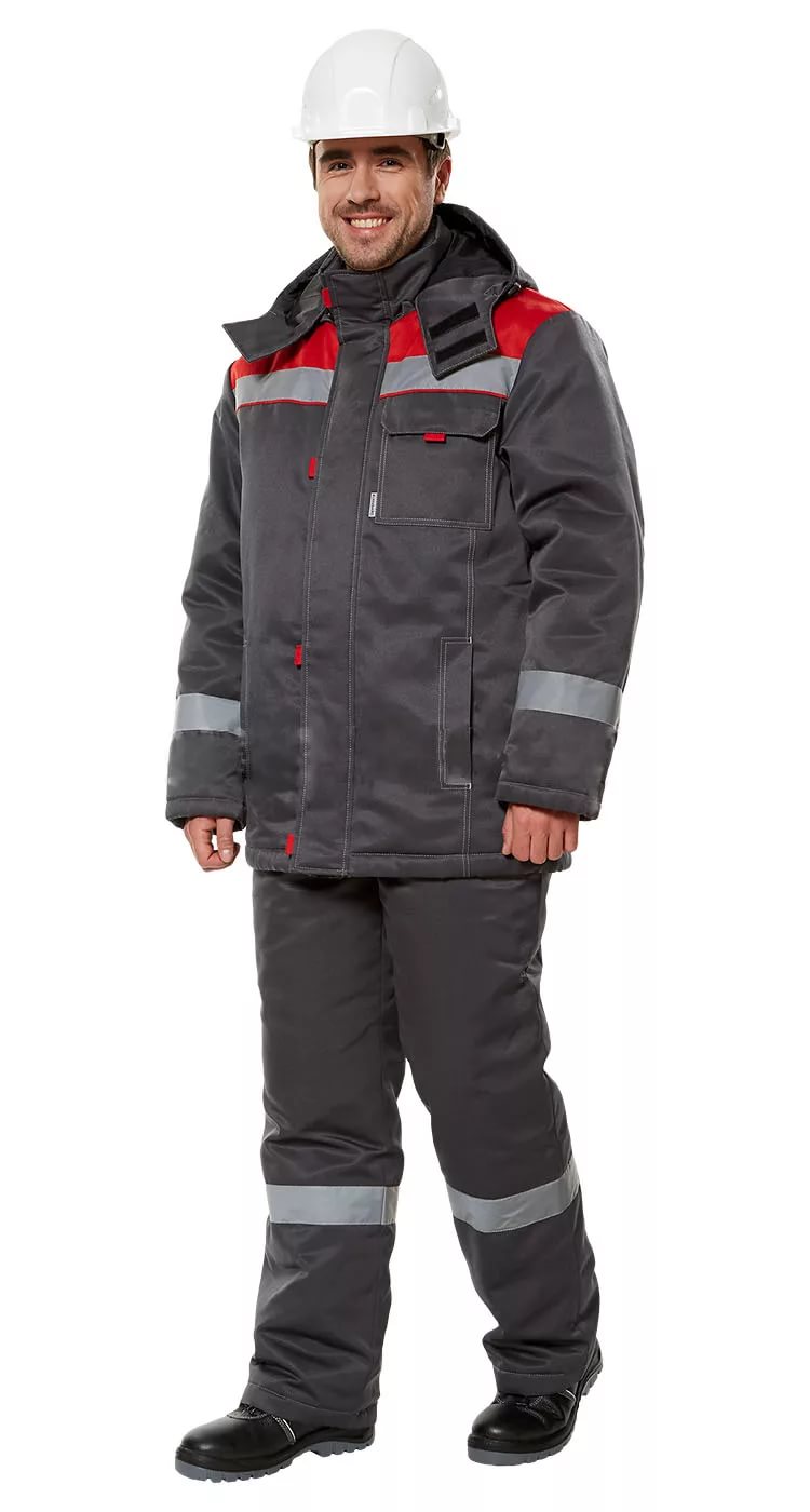 Зимний костюм "ТИМБЕР" мужской, утепленный (куртка и полукомбинезон), цвет: темно-серый с красным, ткань: смесовая