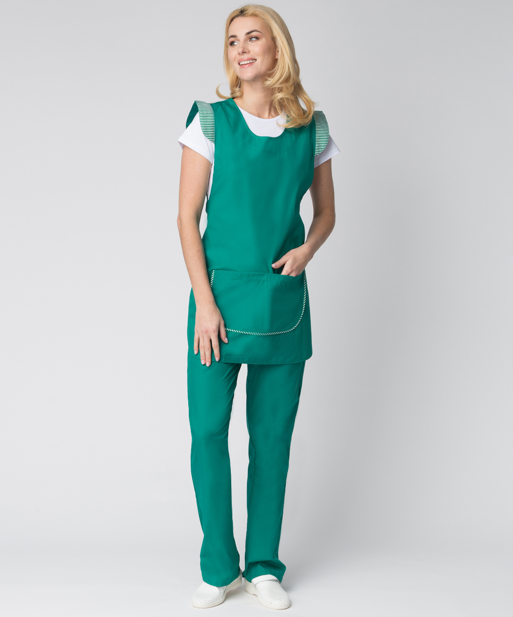 Костюм "НАДЕЖДА" женский (фартук, блуза и брюки), цвет: зеленый с белым, ткань: ТиСи