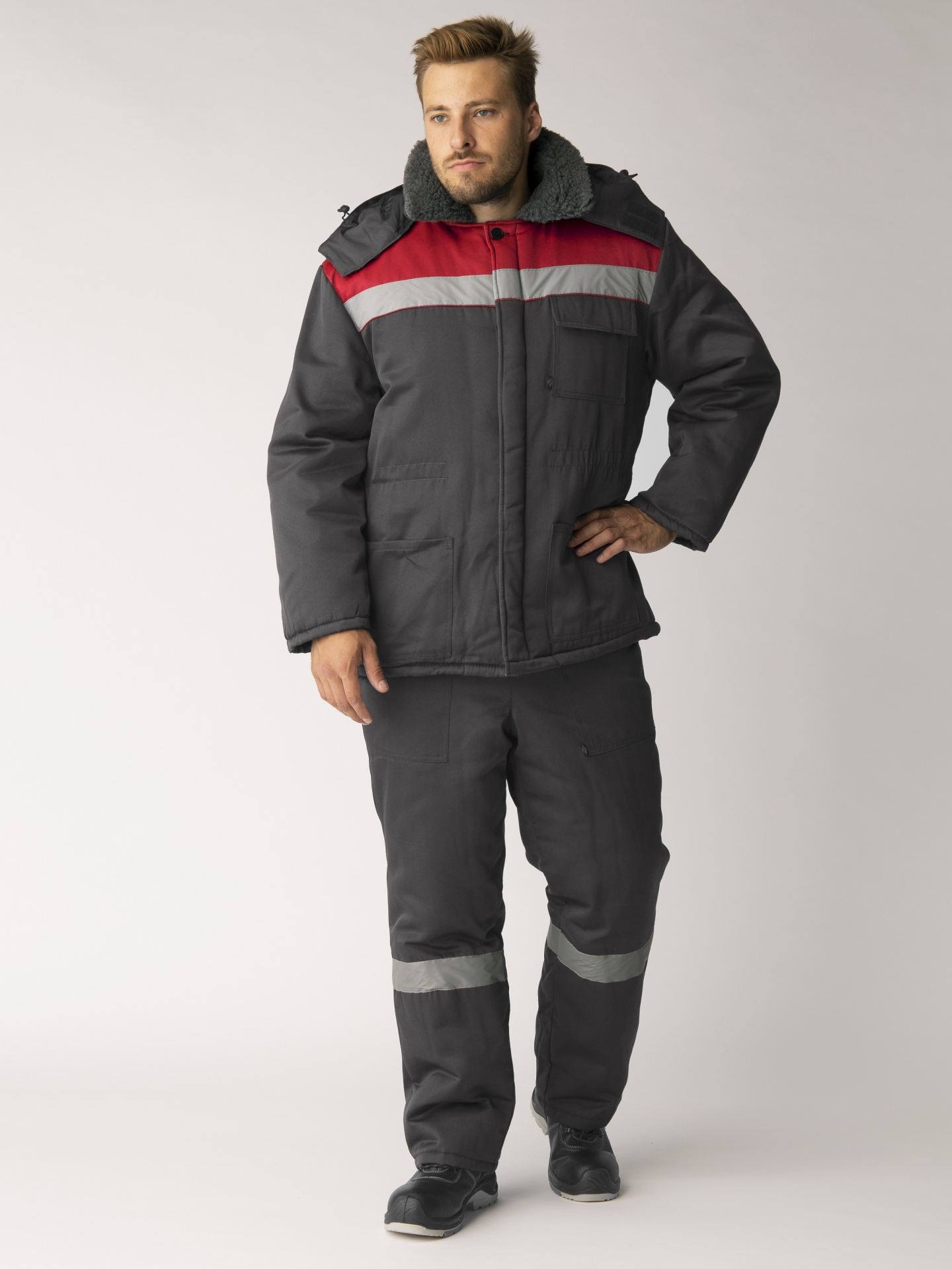 Зимний костюм "ТРУЖЕНИК-УЛЬТРА" мужской, утепленный (куртка и брюки), цвет: серый с красным