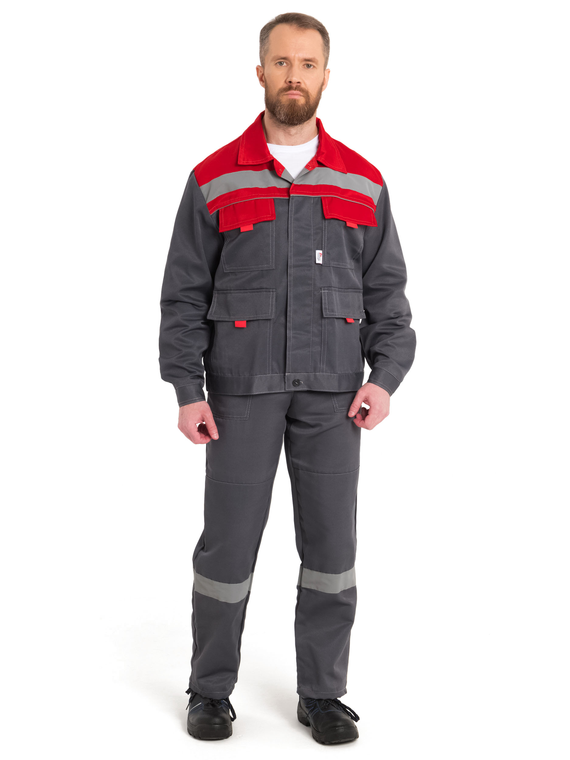 Летний костюм "РАССО-НОВА" мужской (куртка и полукомбинезон), цвет: серый с красным, ткань: смесовая