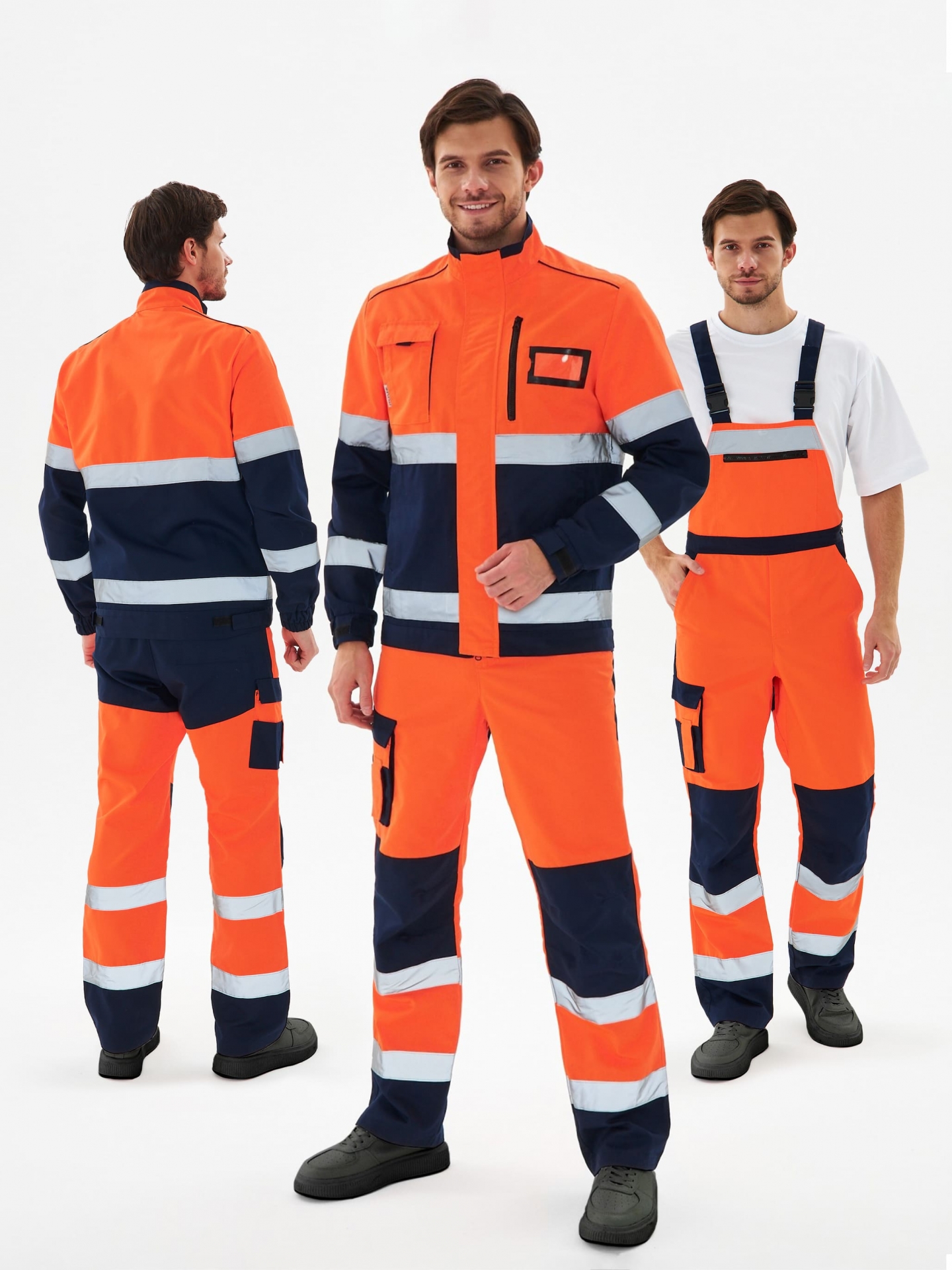 Сигнальный летний костюм "ProfLine Specialist-1" мужской (куртка и полукомбинезон), цвет: оранжевый с темно-синим, ткань: смесовая