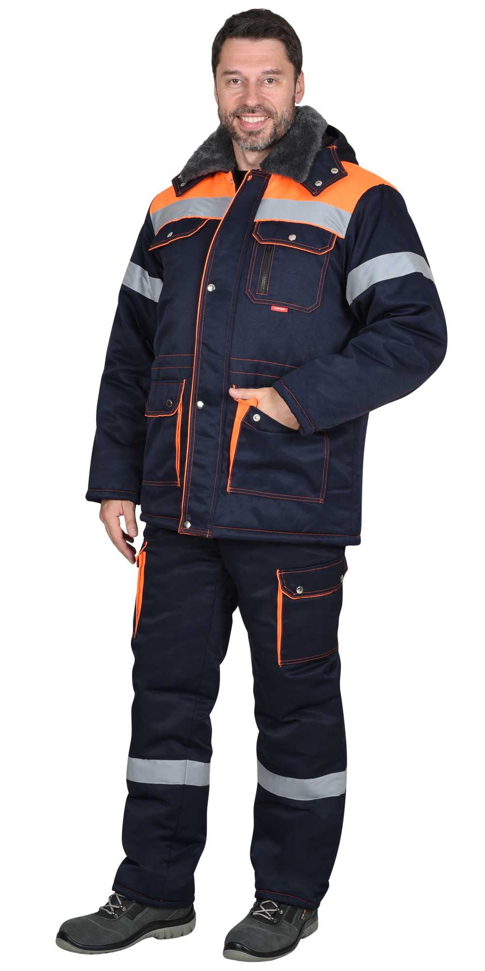Зимний костюм "СИРИУС-ЛИДЕР-М" мужской, утепленный (куртка и полукомбинезон), цвет: синий с оранжевым, ткань: смесовая