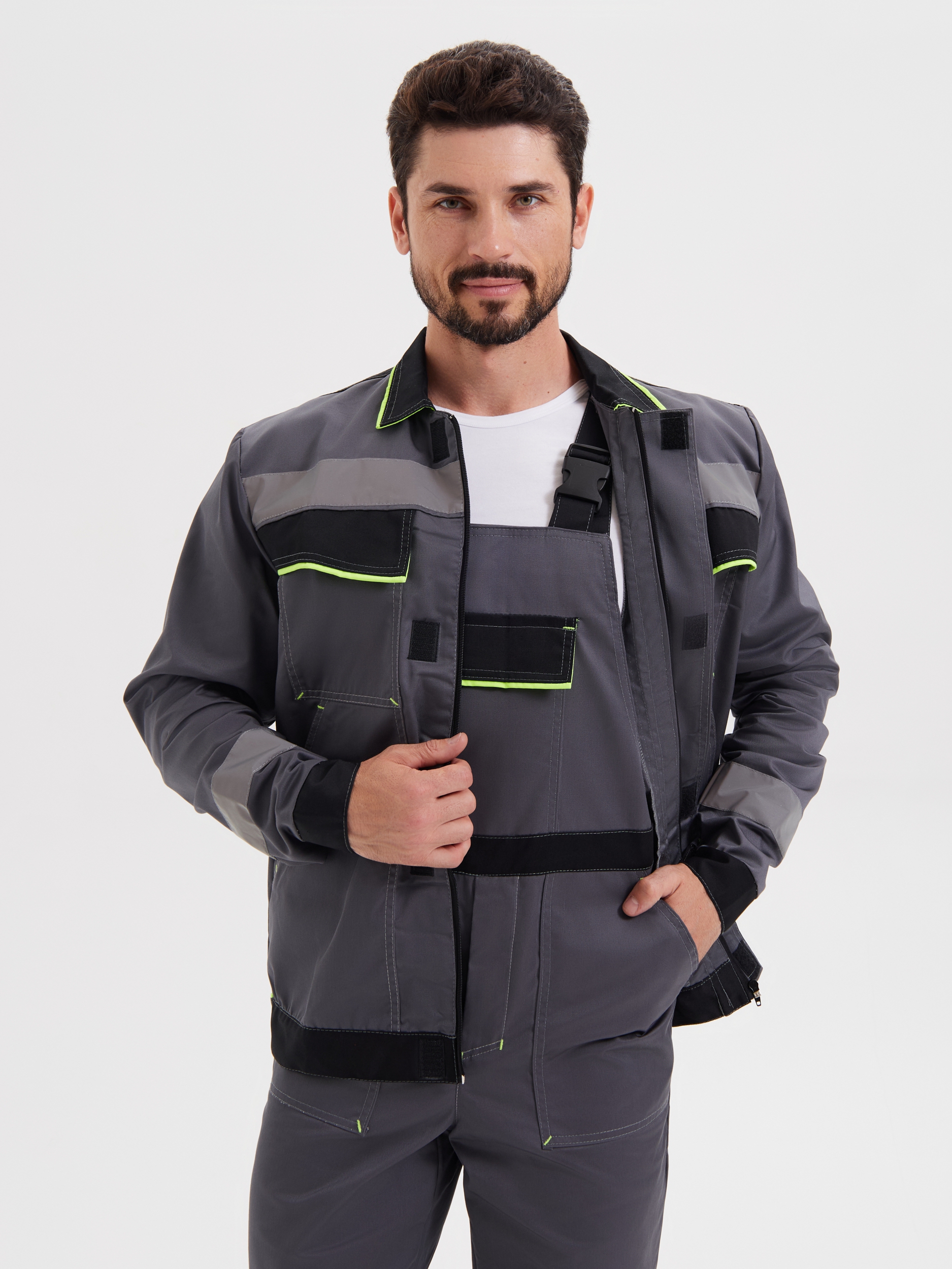 Летний костюм "РАССО-СИСТЕМА" мужской (куртка и полукомбинезон), цвет: серый с черным с лимонным, ткань: смесовая