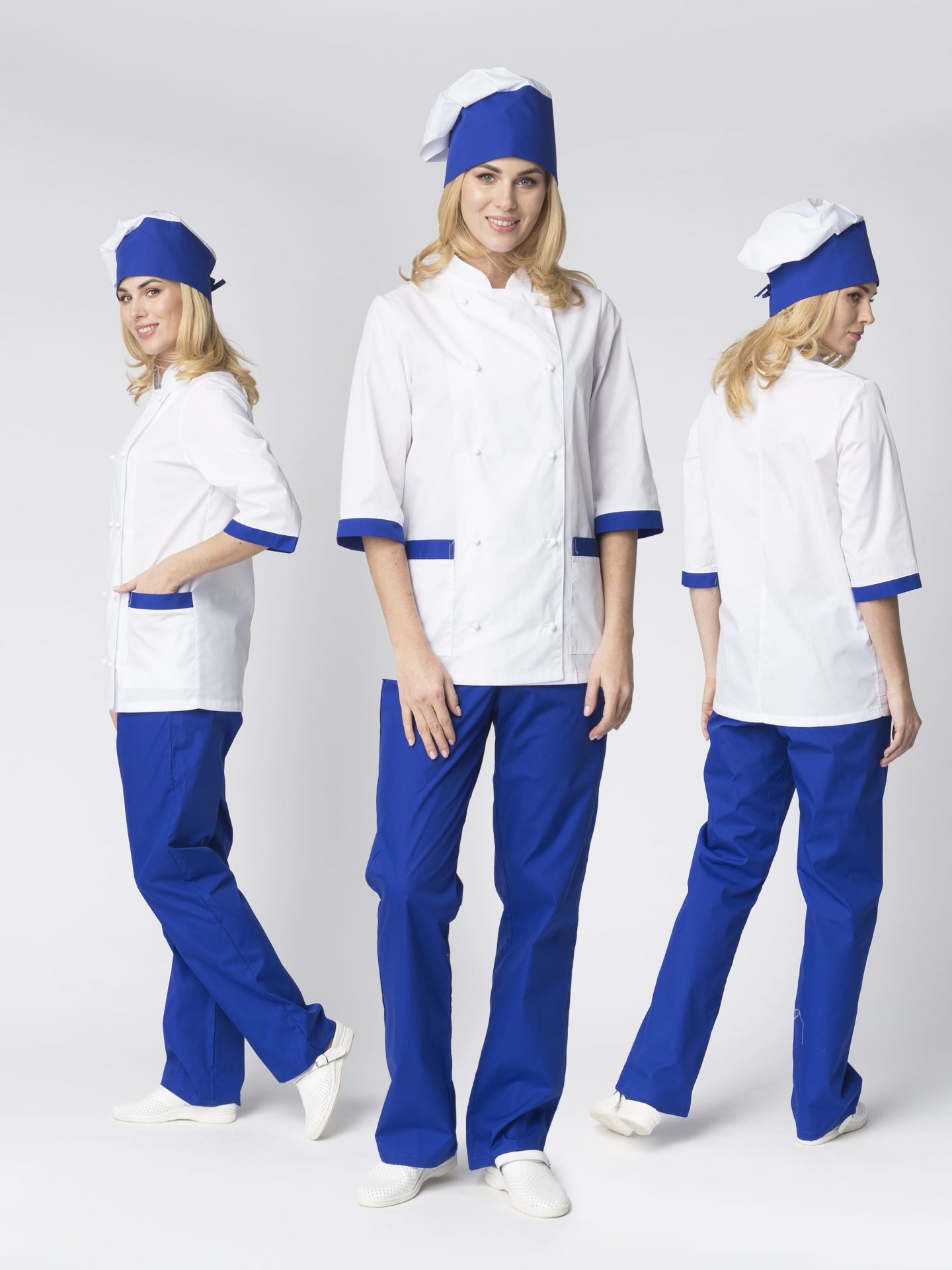 Костюм "ГАСТРОНОМ" женский (китель, брюки и колпак), цвет: белый с васильковой отделкой, ткань: ТиСи