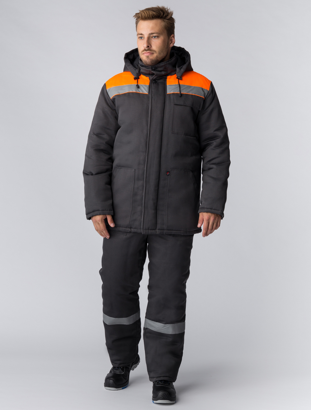 Зимняя куртка "ЭКСПЕРТНЫЙ-ЛЮКС" мужская, утепленная, цвет: серый с оранжевым, ткань: смесовая