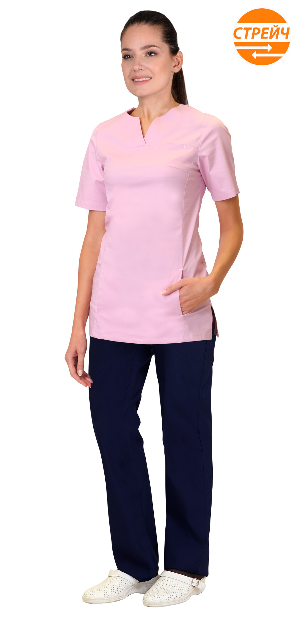 Костюм "СИРИУС-ВАЛЕРИЯ" женский (блуза и брюки), короткий рукав, цвет: розовым с темно-синим, ткань: смесовая