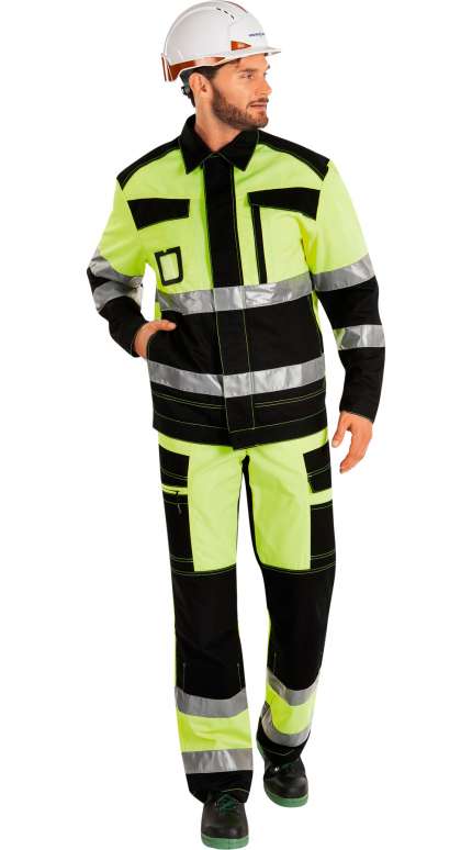 Летний костюм "КВАНТ-АНТИСТАТ" мужской (куртка и брюки), цвет: флуоресцентный желтый с черным, ткань: Премьер 250-А