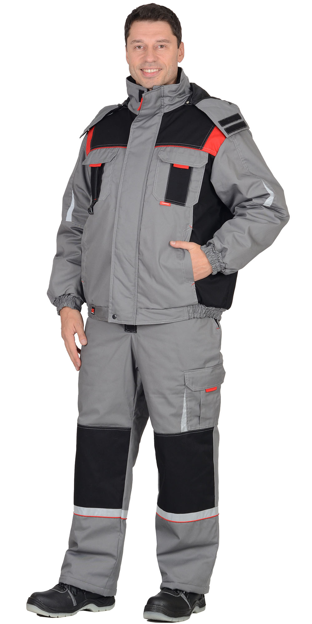 Зимний костюм "СИРИУС-СТАН" мужской, утепленный (куртка и полукомбинезон) цвет: серый с черной и красной отд., ткань: смесовая