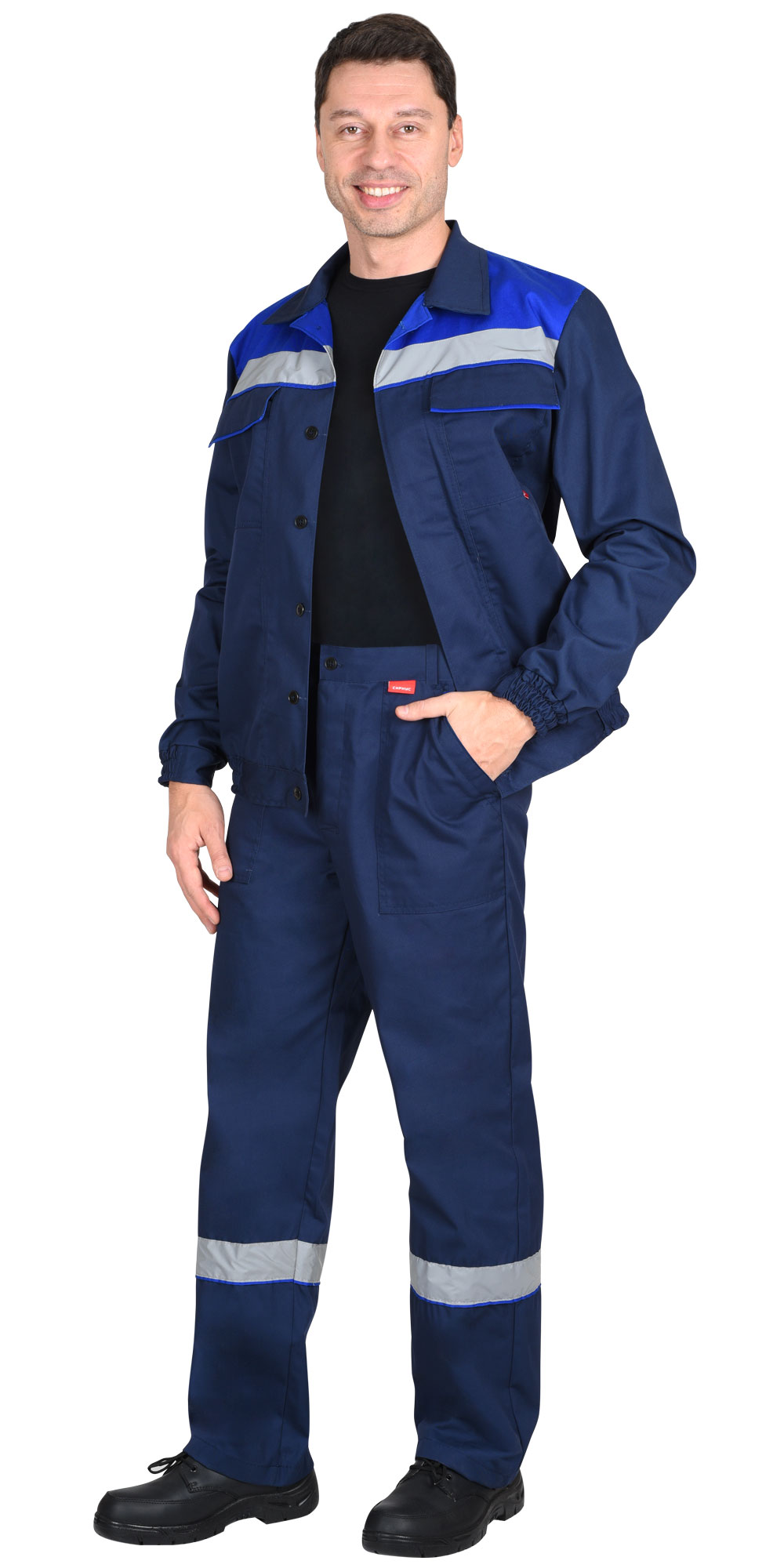 Летний костюм "СИРИУС-МАСТЕР" мужской (куртка+брюки), цвет: темно-синий с васильковым, ткань: смес.