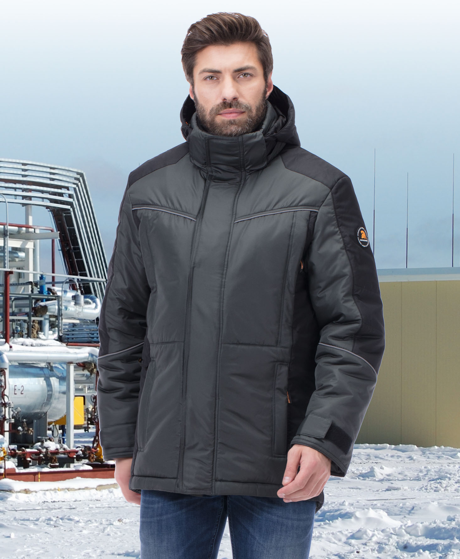 Зимняя куртка "КОРСАР" мужская, удлиненная, утепленная, цвет: серый с черным, ткань: 100% ПЭ