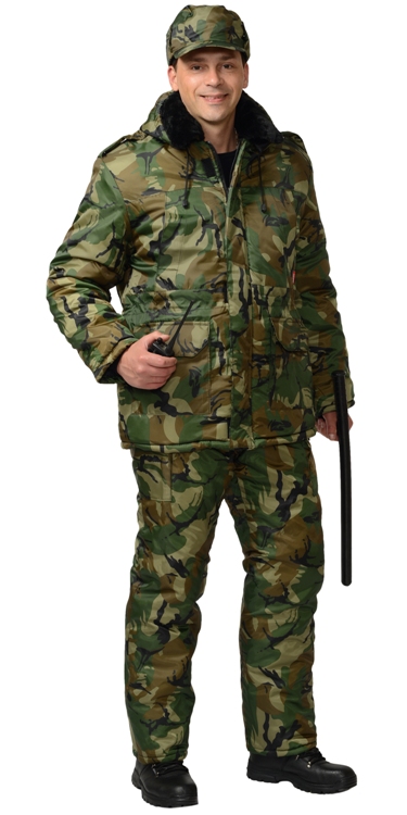 Зимний костюм "СИРИУС-БЕЗОПАСНОСТЬ" мужской, утепленный (куртка и полукомбинезон), цвет: КМФ зелёный, ткань: 100% ПЭ