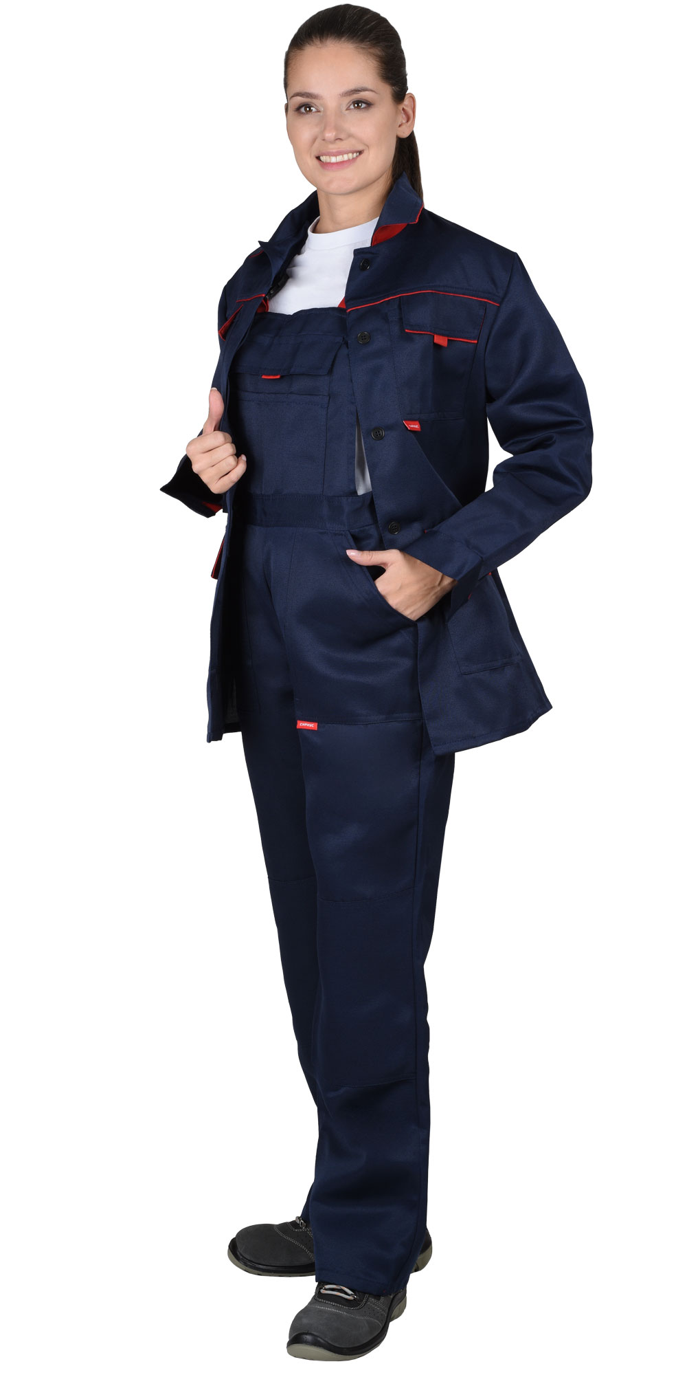 Летний костюм "СИРИУС-УДАРНИЦА" женский (куртка и п/к) цв т.-синий с красным кантом тк.смесовая