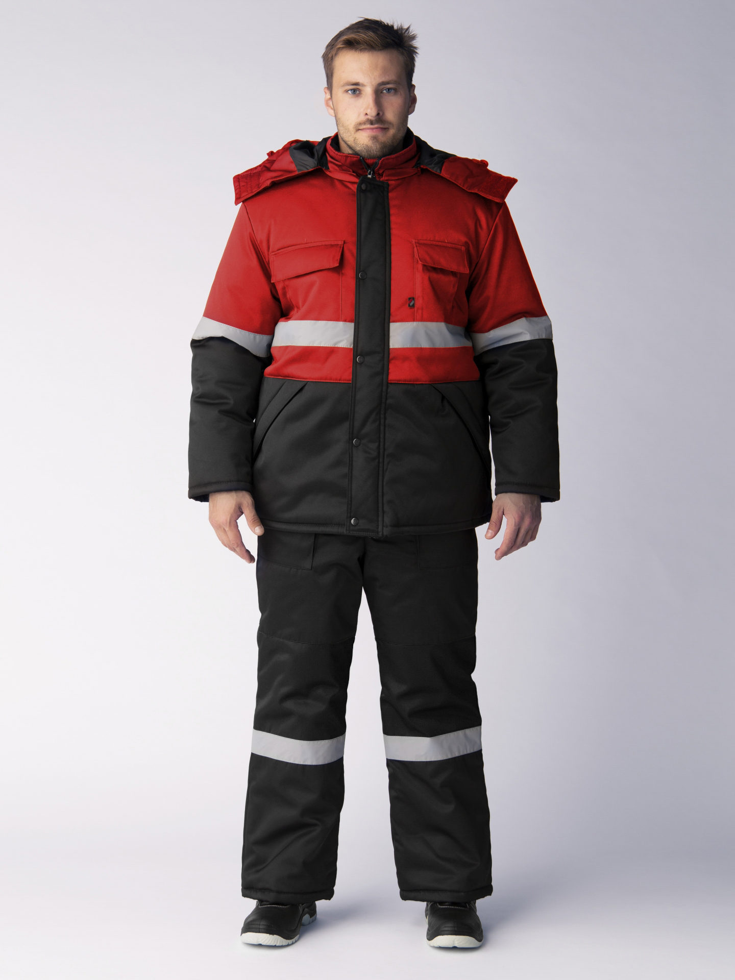 Зимний костюм "ПРОФИ-НОРД" мужской, утепленный (куртка и полукомбинезон), цвет: черный с красным, ткань: смесовая