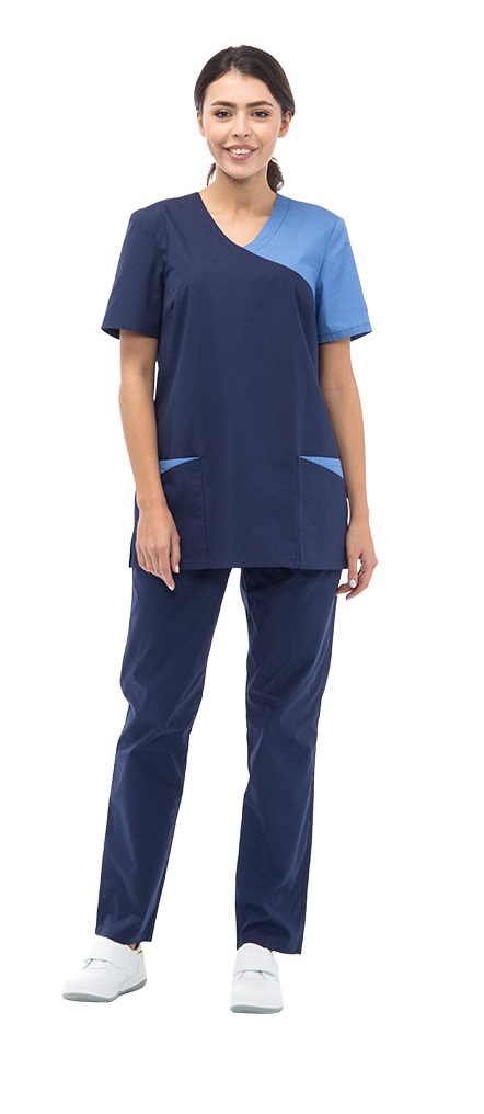 Комплект "ВОЛНА" женский (блуза и брюки), короткий рукав, цвет: темно-синий с голубым, ткань: смес.