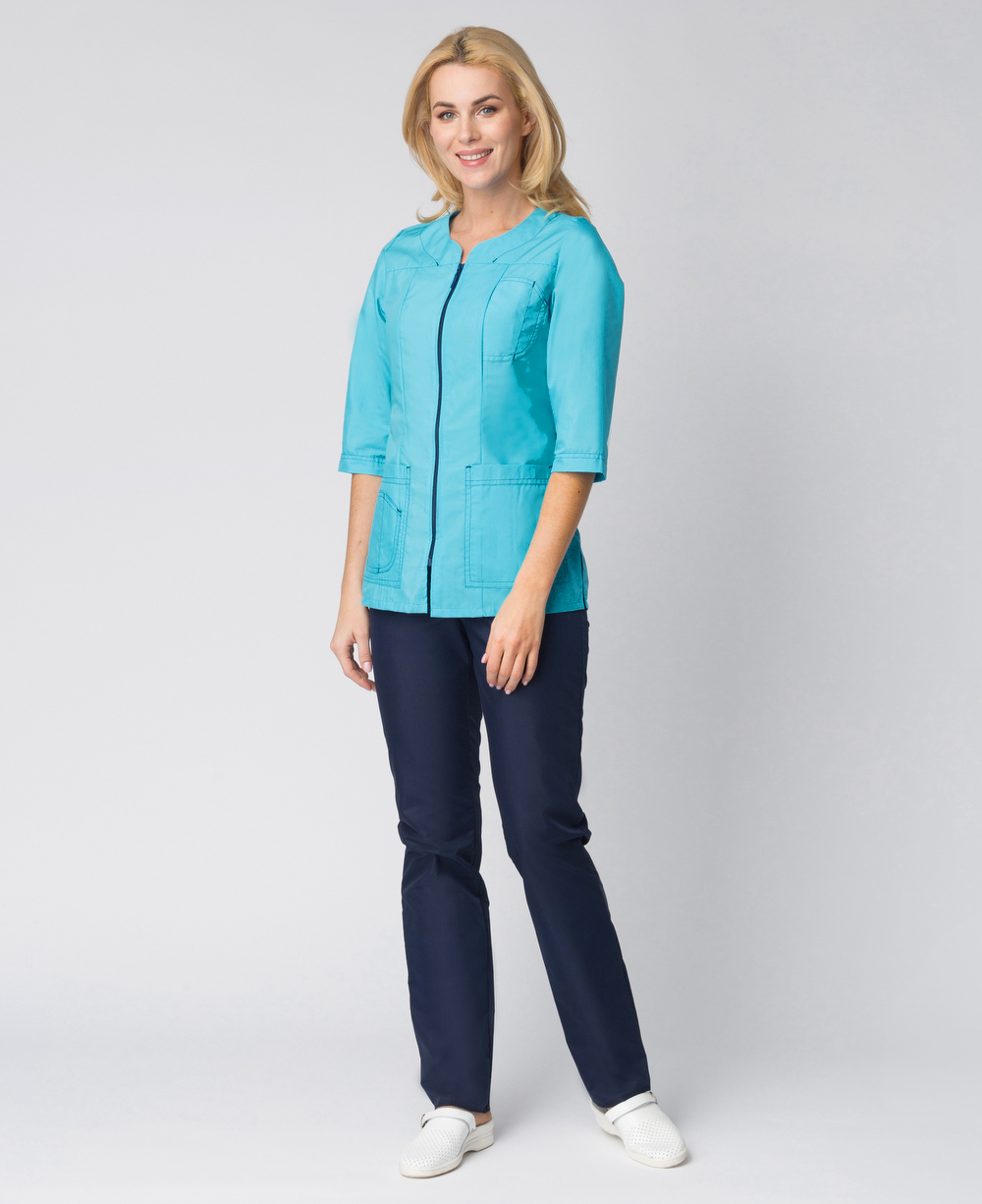 Костюм "СПРИНТ" женский (блуза и брюки), цвет: бирюзовый с синим, ткань: ТиСи