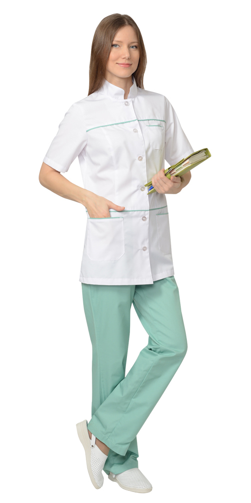 Костюм "СИРИУС-ЛАУРА" женский (блуза и брюки), короткий рукав, цвет: белый с мятным, ткань: смесовая
