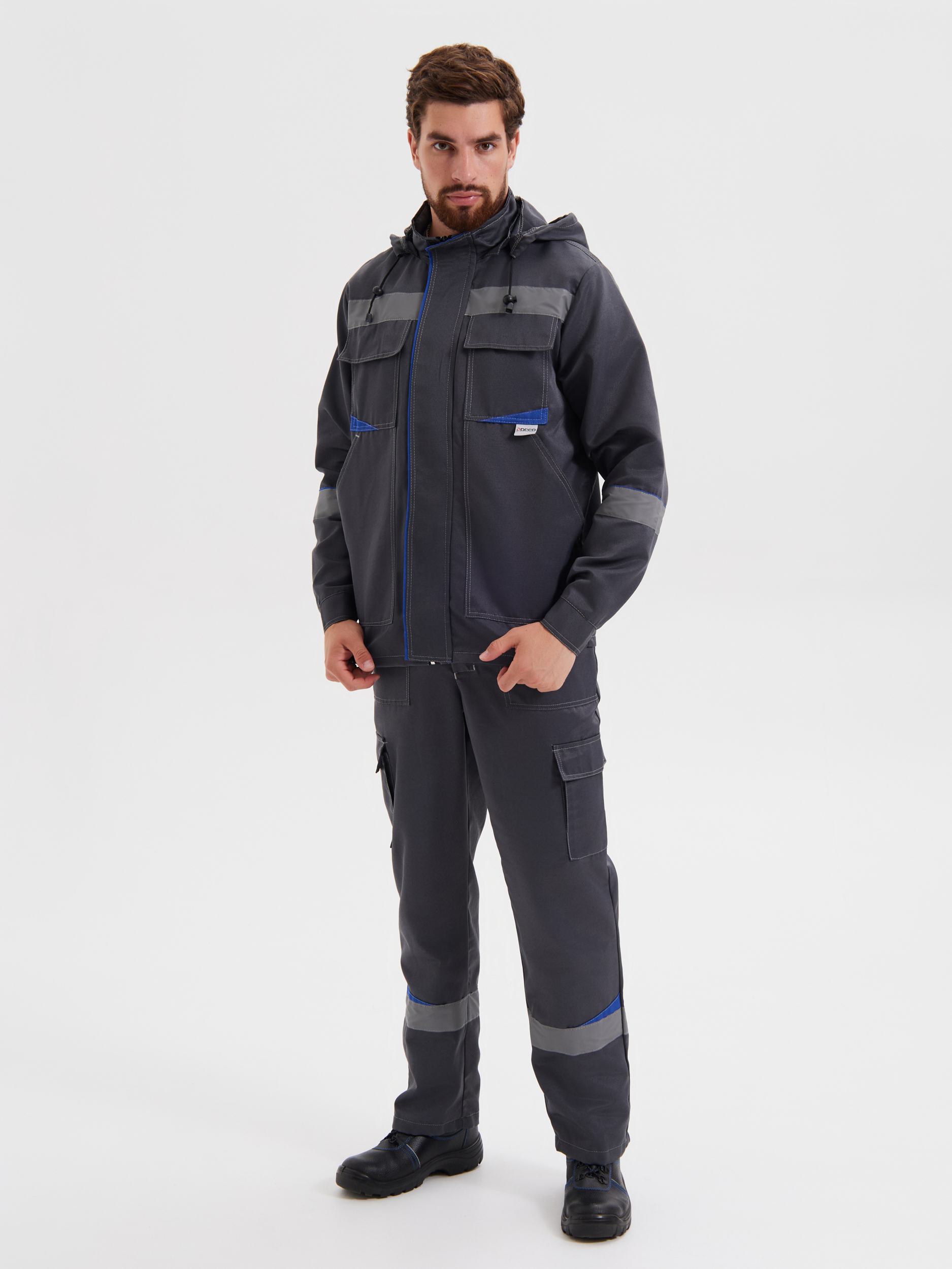 Летний костюм "РАССО-ГРАНЬ" мужской (куртка и полукомбинезон), цвет: серый с васильковым. ткань: Смесовая