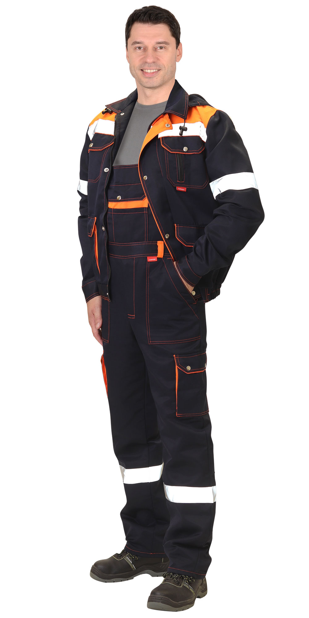 Летний костюм "СИРИУС-ТИТАН" мужской (куртка и п/к), цвет: синий с оранжевым, ткань: смесовая