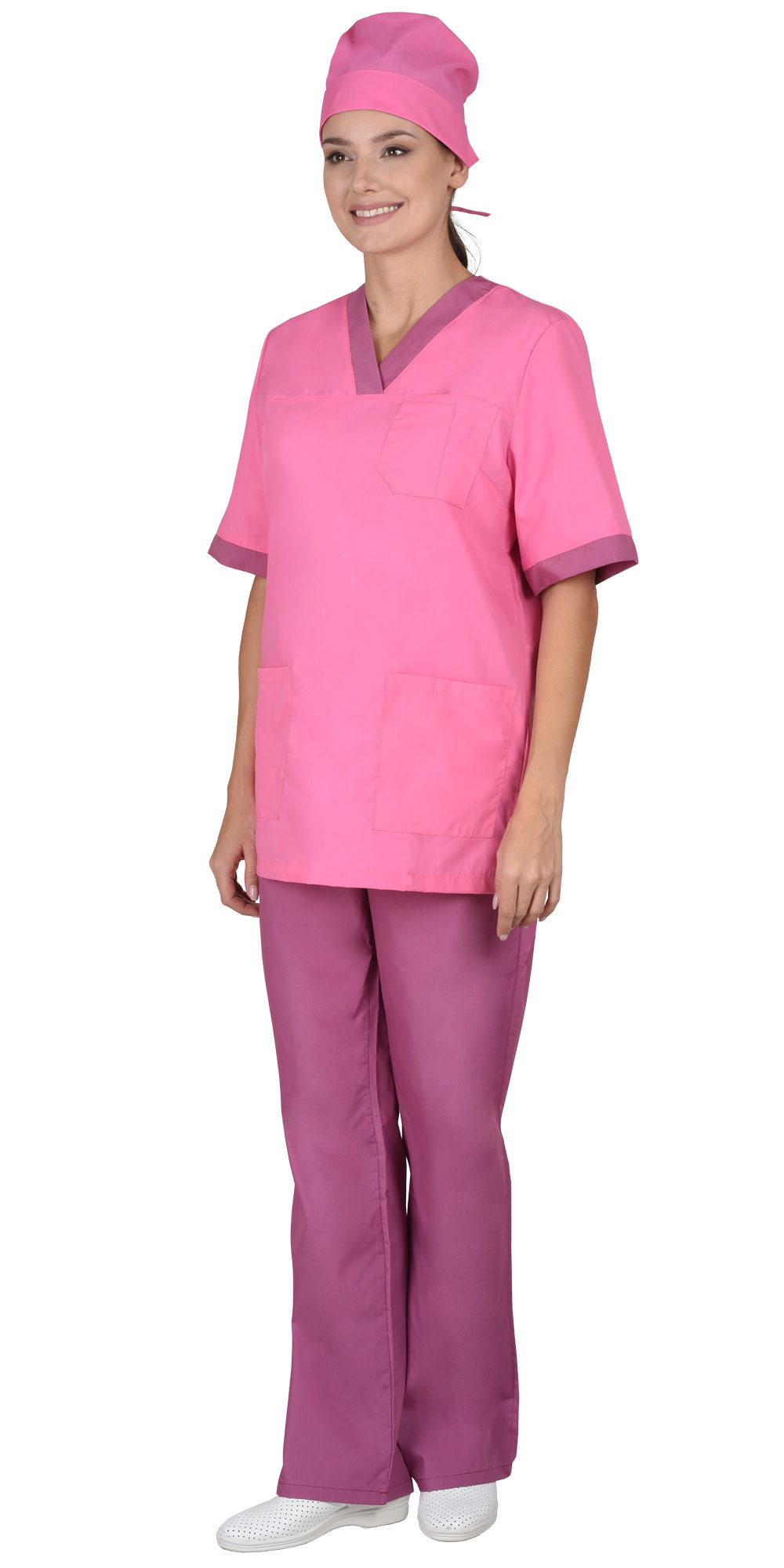 Костюм "СИРИУС-СОФИЯ" женский (блуза, брюки и колпак), цвет: тёмно-розовый со сливовым, тк: смес.