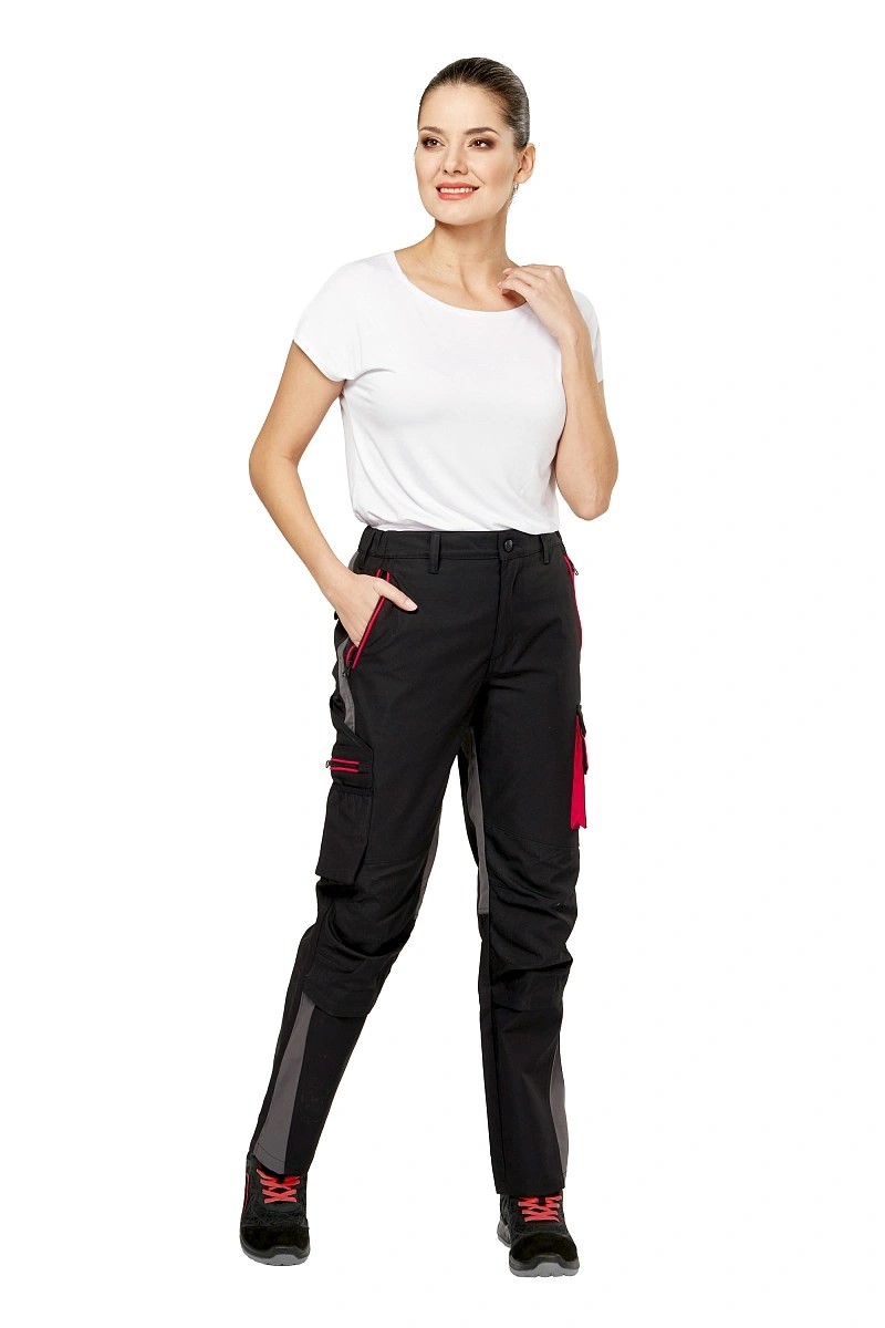 Летние брюки "СТУДИО" женские, цвет: черный с серой и красной отделкой, ткань: смесовая 