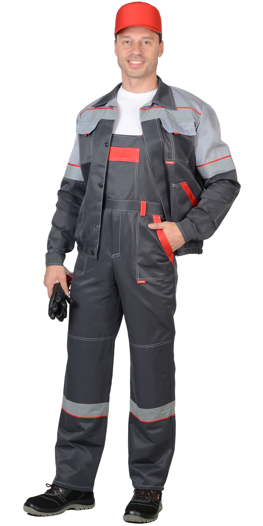 Летний костюм "СИРИУС-МАЯК" мужской (куртка и полукомбинезон), цвет: темно-серый со светло-серым и красным, ткань: смесовая