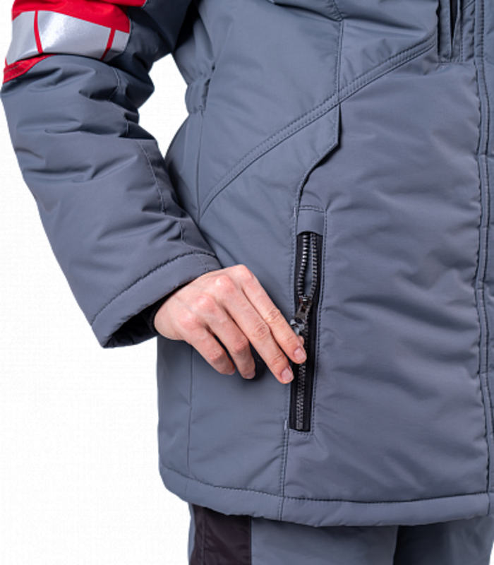 Зимняя куртка "Спецобъединение-ХАЙ-ТЕК SAFETY" женская, цвет: серый с красным и черным, ткань: Наутика Зимняя куртка "Спецобъединение-ХАЙ-ТЕК SAFETY" женская, цвет: серый с красным и черным, ткань: Наутика