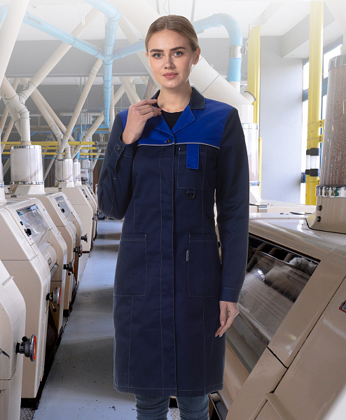 Халат "Авангард-ТЕХНОЛОГ" женский, цвет: синий с васильковой отделкой, ткань: смесовая Халат "Авангард-ТЕХНОЛОГ" женский, цвет: синий с васильковой отделкой, ткань: смесовая