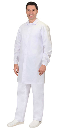 Халат "СИРИУС-СИЦИЛИЯ" мужской (длинный рукав, на кнопках), цвет: белый, ткань: смесовая Халат "СИРИУС-СИЦИЛИЯ" мужской (длинный рукав, на кнопках), цвет: белый, ткань: смесовая