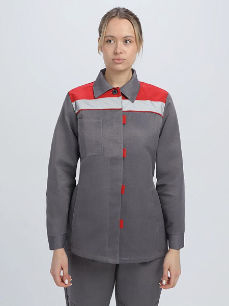 Летний костюм "ВЕСНИС-1 СОП NEW" женский (куртка и брюки), цвет: темно-серый с красным, ткань: смесов Летний костюм "ВЕСНИС-1 СОП NEW" женский (куртка и брюки), цвет: темно-серый с красным, ткань: смесов