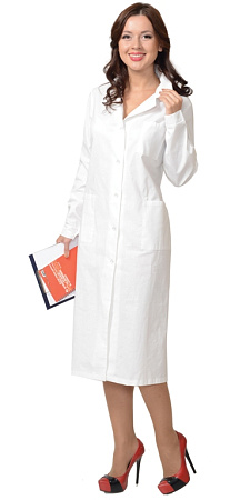 Халат женский (рукав длинный, на пуговицах), цвет: белый, ткань: бязь Халат женский (рукав длинный, на пуговицах), цвет: белый, ткань: бязь