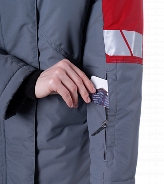 Зимняя куртка "Спецобъединение-ХАЙ-ТЕК SAFETY" женская, цвет: серый с красным и черным, ткань: Наутика Зимняя куртка "Спецобъединение-ХАЙ-ТЕК SAFETY" женская, цвет: серый с красным и черным, ткань: Наутика